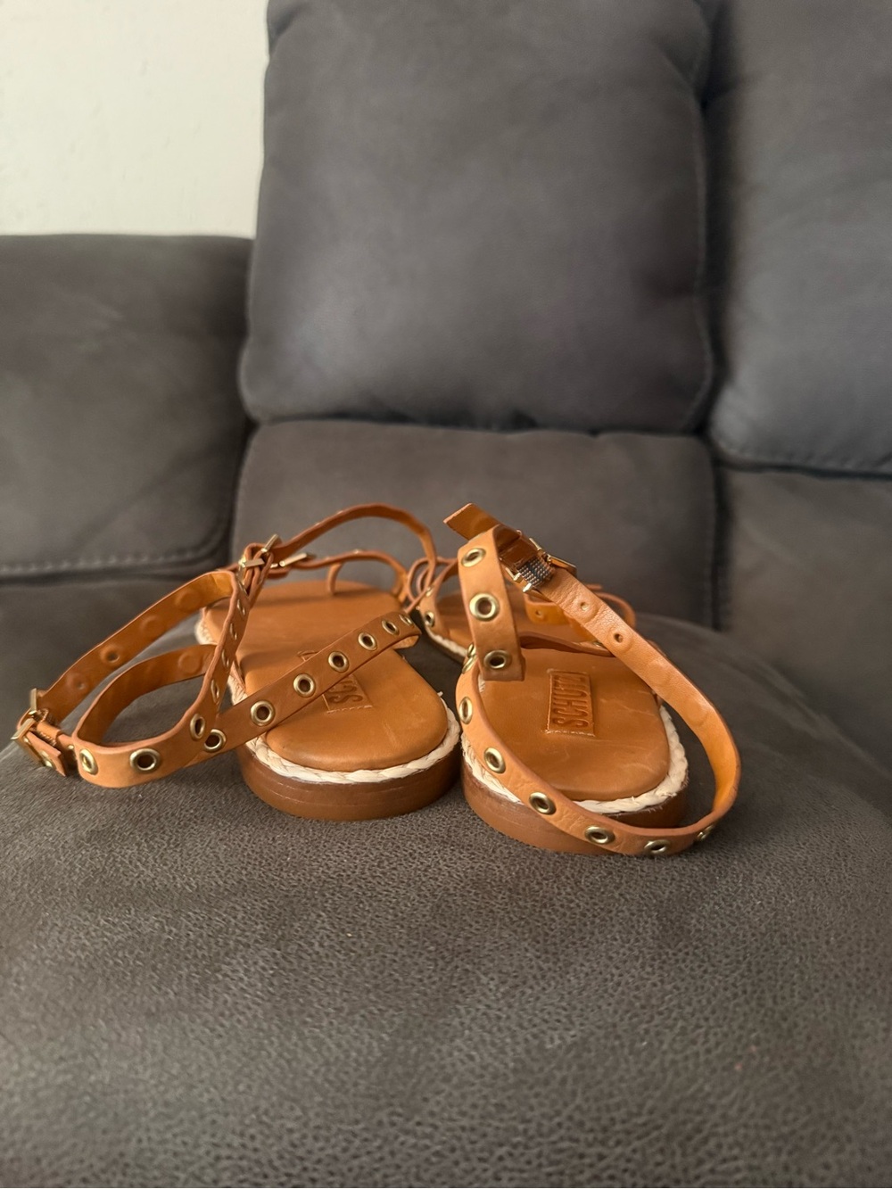 Schutz Studded Ankle-Strap Leather Sandals - Tan size7 - Picture 5 of 7